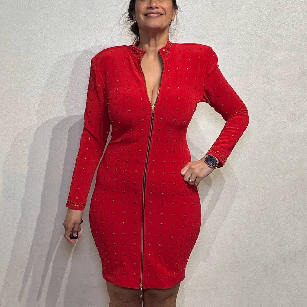 Tadashi Vintage Red Studded Front Zip Bodycon Dress Open Back Long Sleeve Sz M